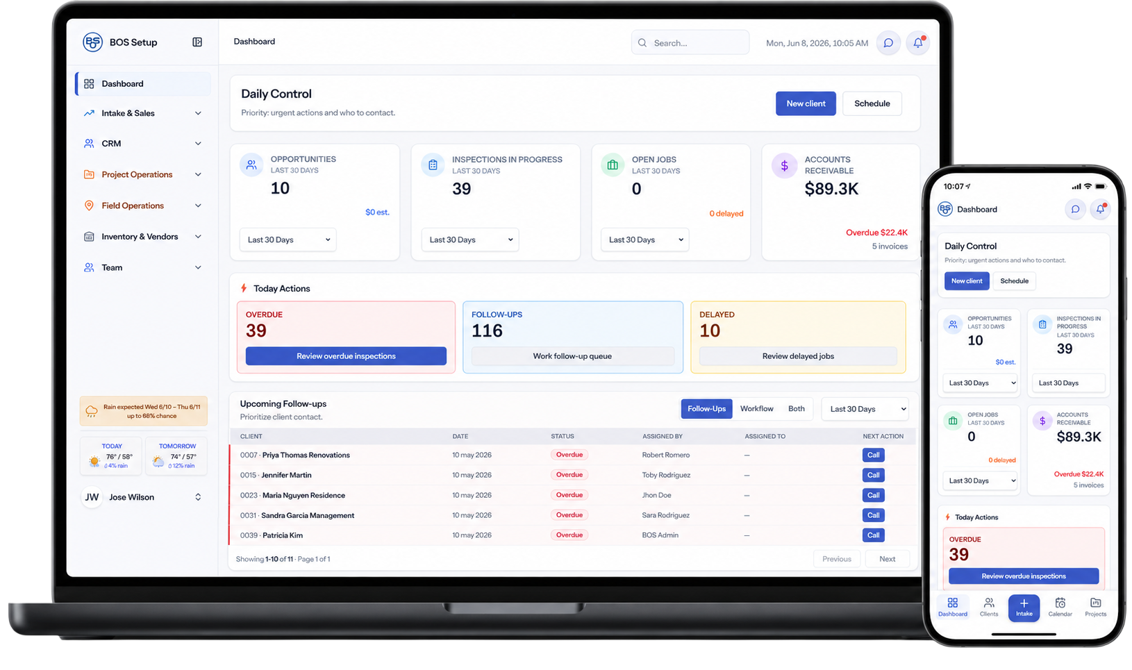BOS Setup dashboard showing pipeline, scheduling, and job costing on desktop and mobile.