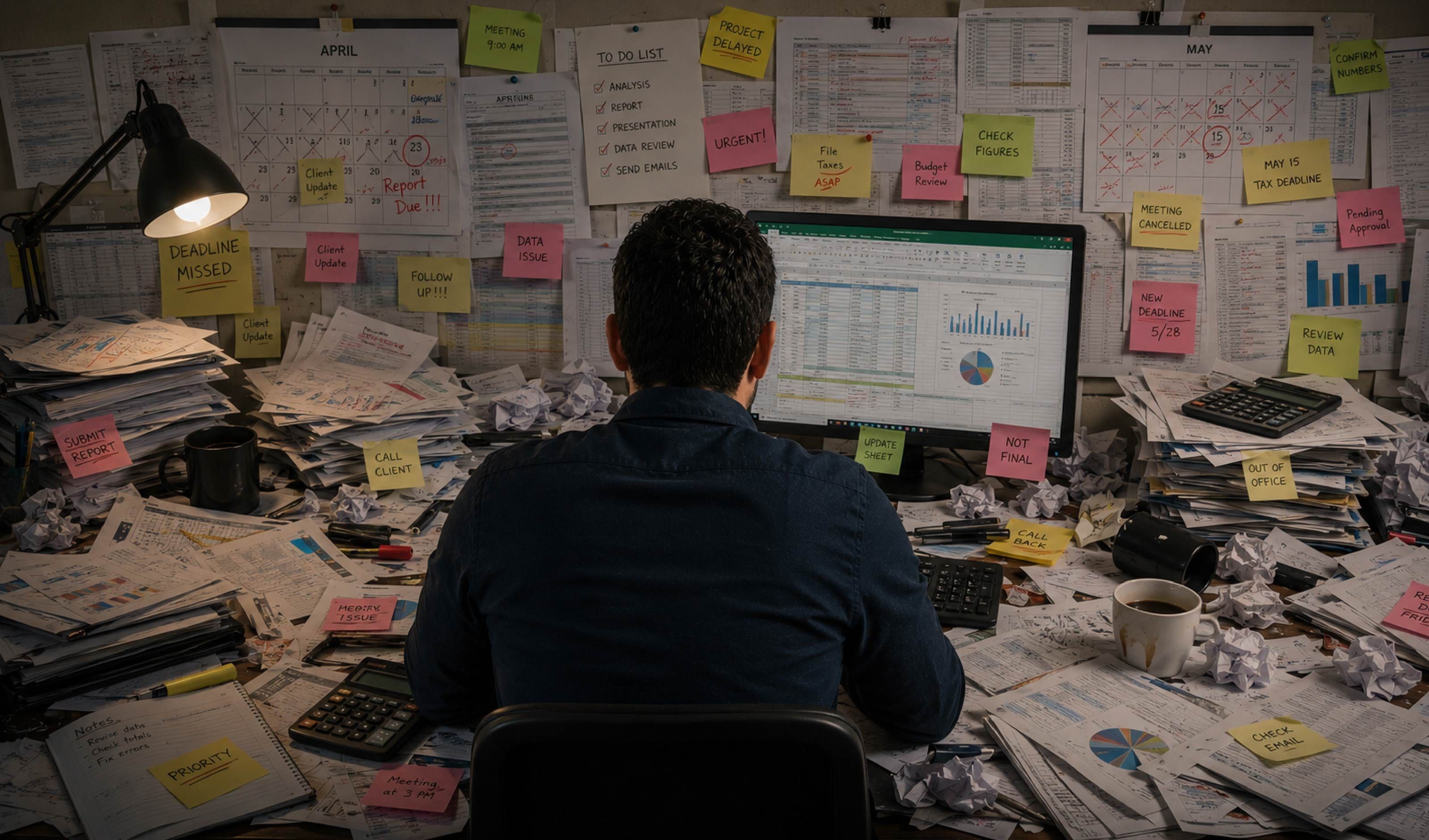 Disconnected operations before Yoeweb with spreadsheets, paper calendars, and scattered reminders.
