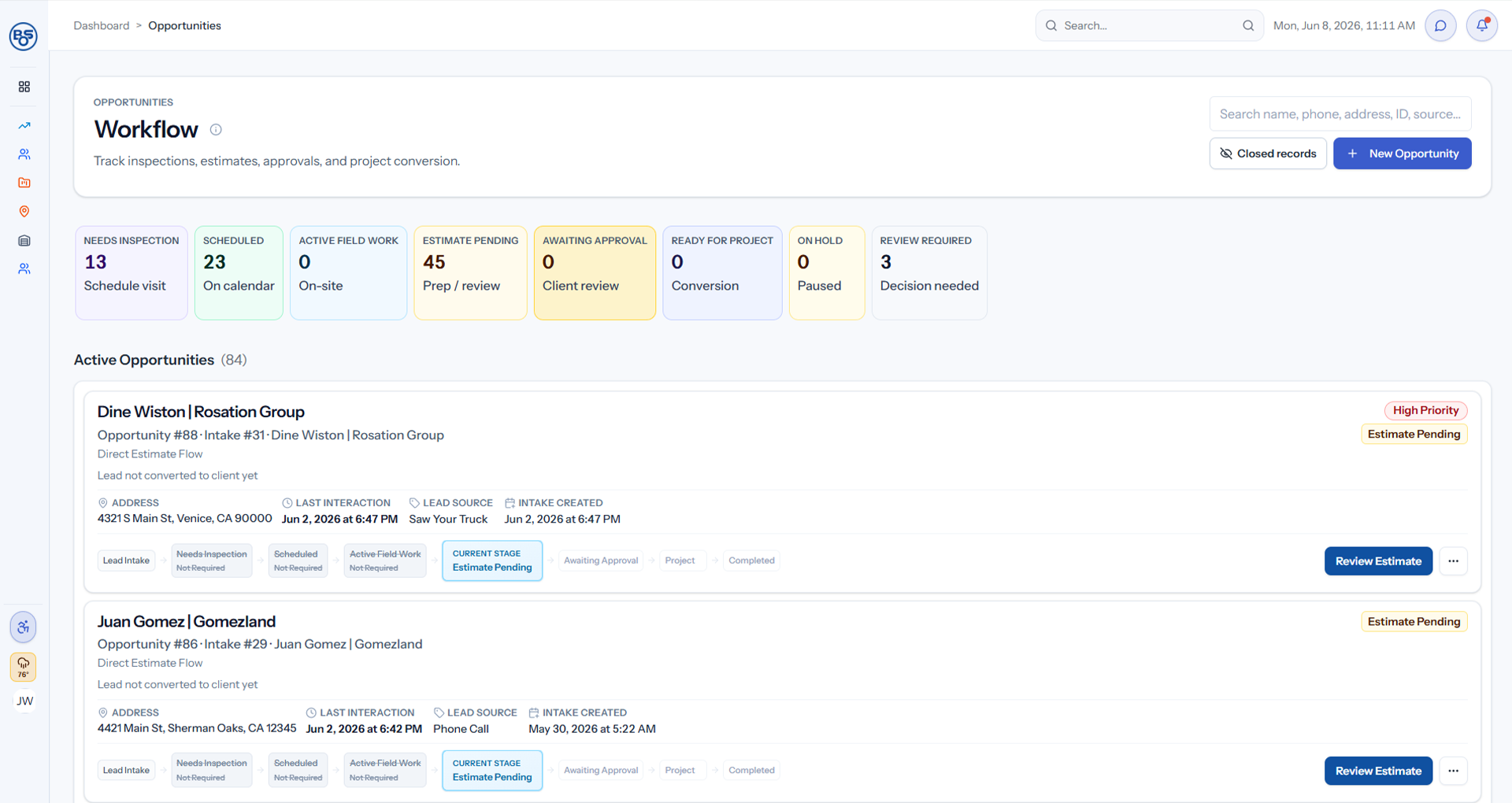 BOS implementation workflow showing request intake, scheduling, inspections, communication, reporting, and job costing connected in one system.