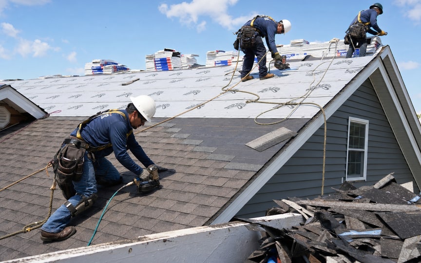 Roofing crew working on a commercial roof.