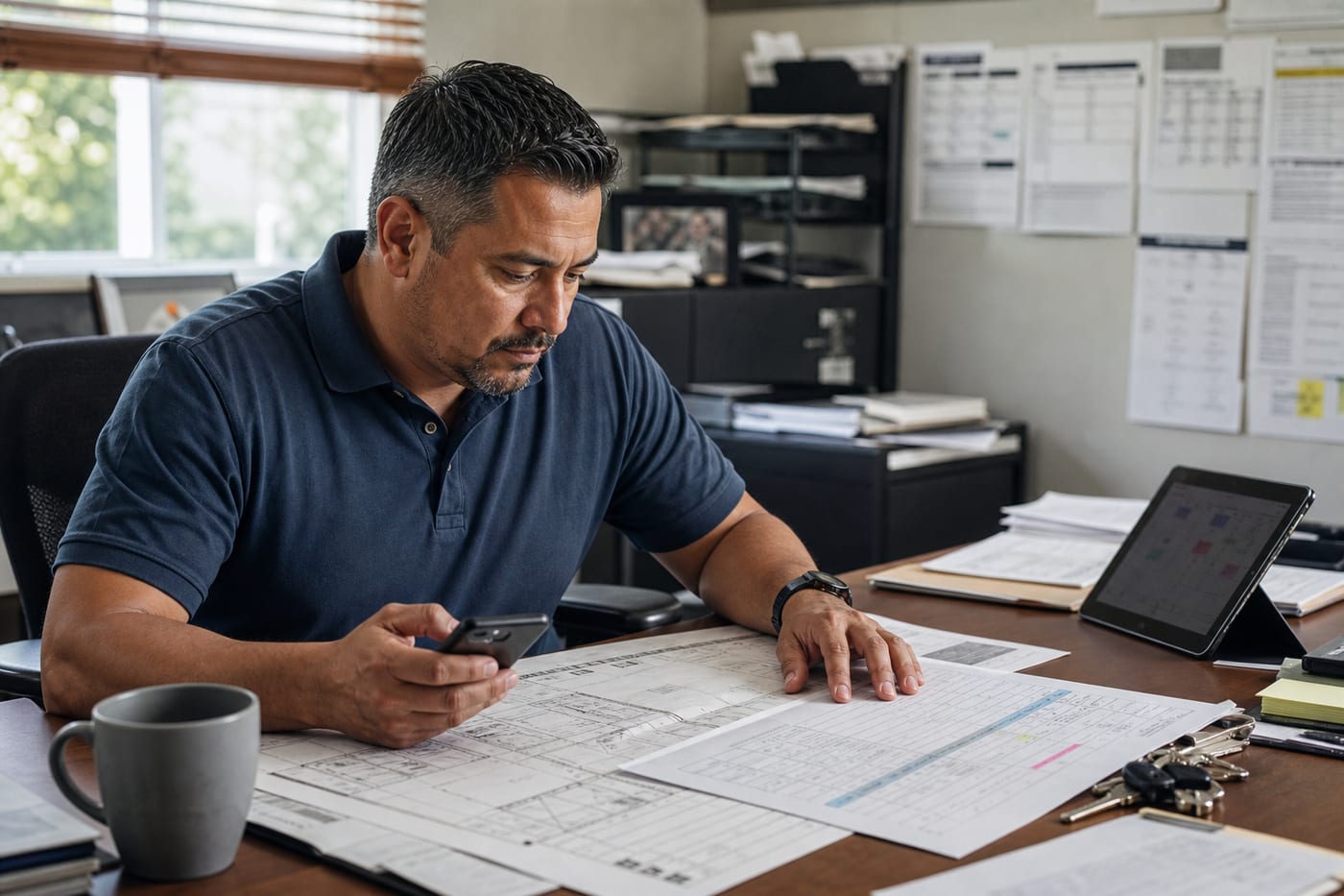 A contractor reviews plans and messages at his desk.