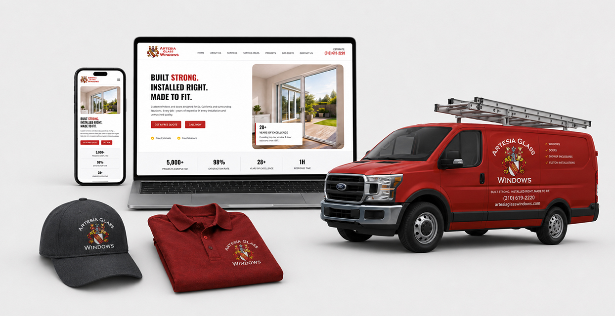 Artesia Glass Windows branding applied across vehicle, uniform, and digital touchpoints.