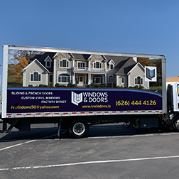 Branded service vehicle with company logo.