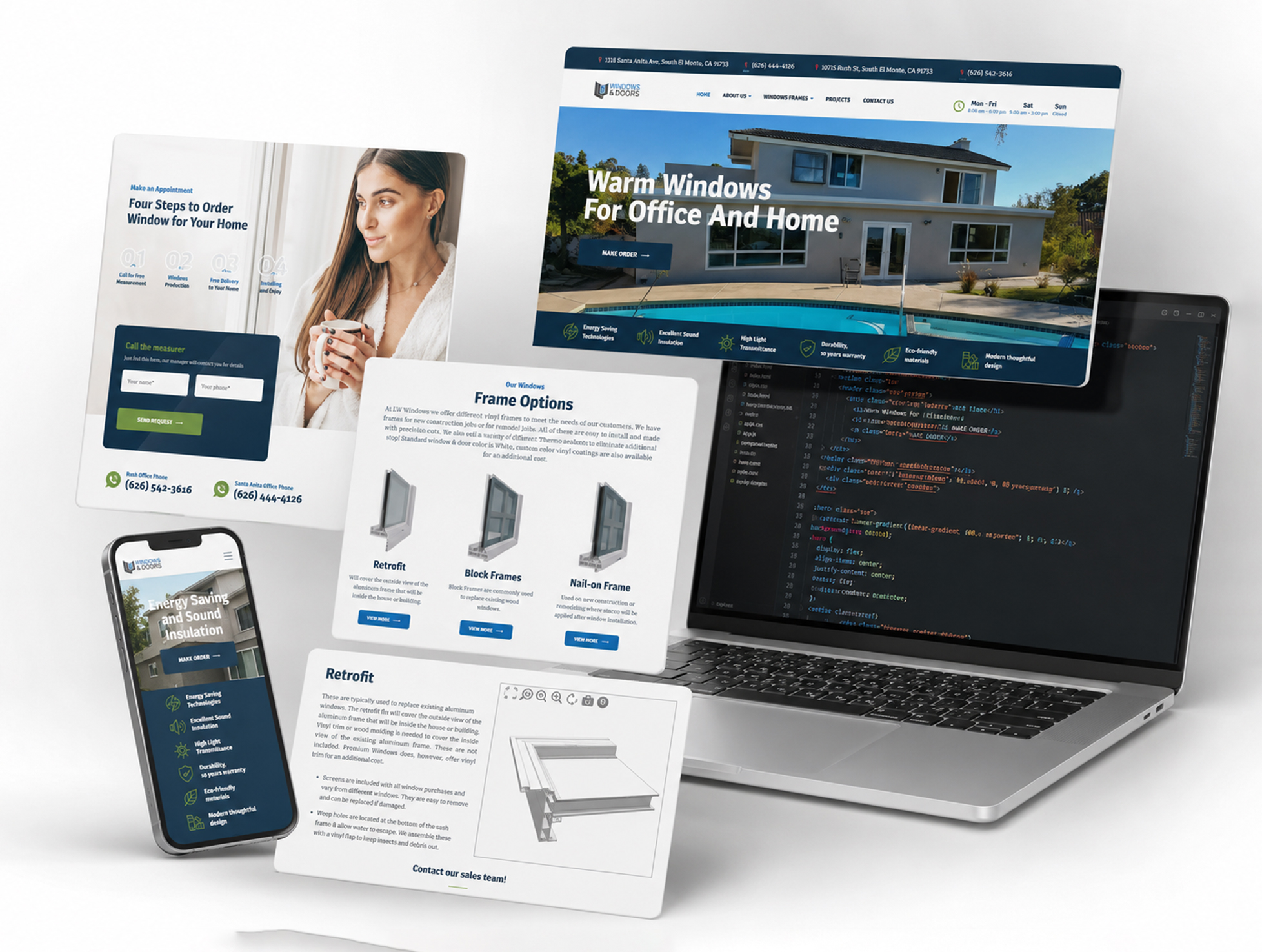 Responsive website mockup shown across laptop, desktop, and mobile devices.