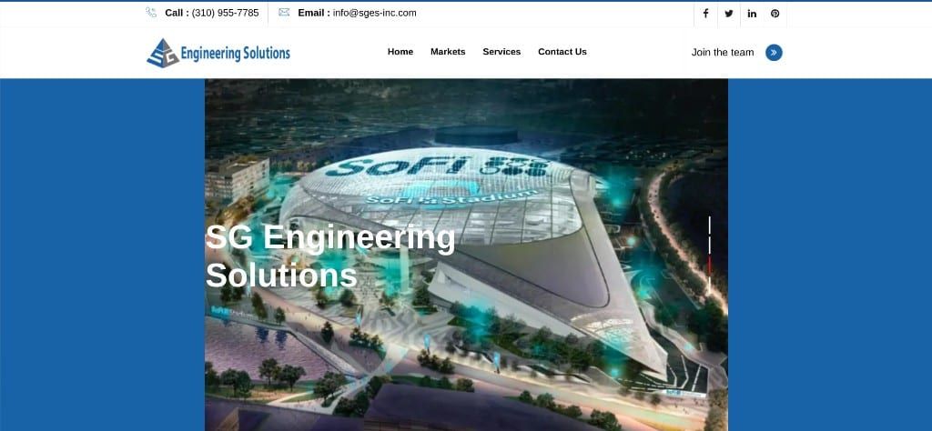 SG Engineering Solutions website homepage featuring markets, services, and project credibility.