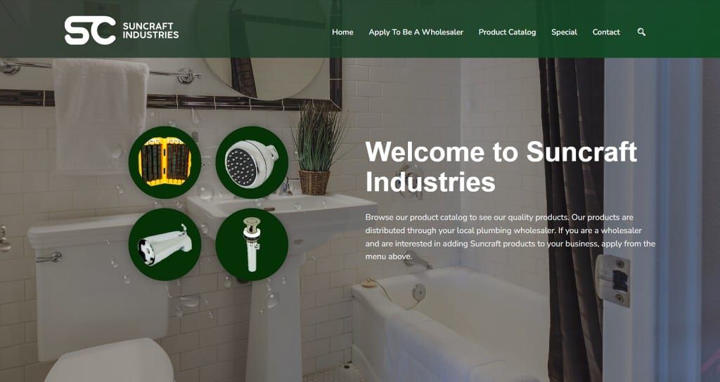 Suncraft Industries website homepage with product catalog and wholesaler information.