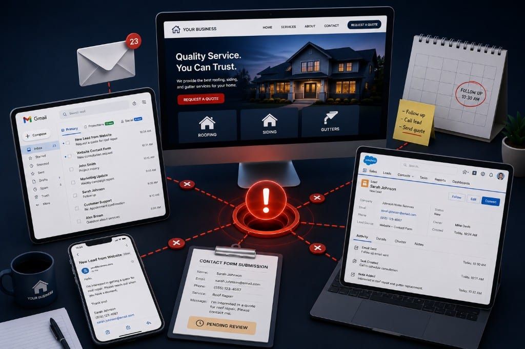 Disconnected website workflow showing leads stuck in email, forms pending review, and manual CRM entry across devices.